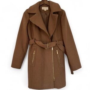 NWOT MICHAEL Michael Kors Tan Brown Coat Peacoat Belted Gold Details Small
